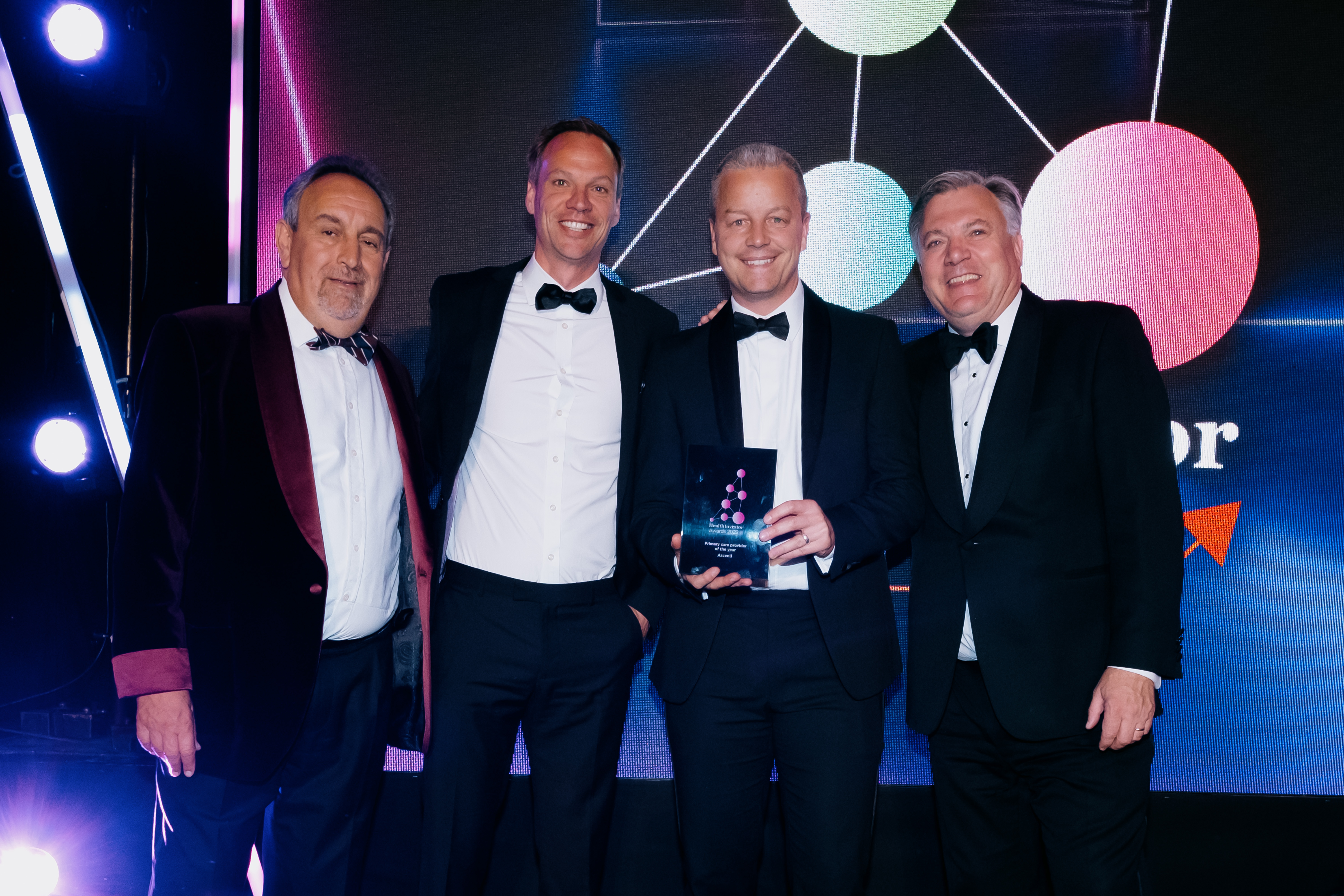 Ascenti’s Director of Strategic Development, Martin Fidock, and Chief Commercial Officer, Kevin Doyle, with last year’s HealthInvestor Awards presenters